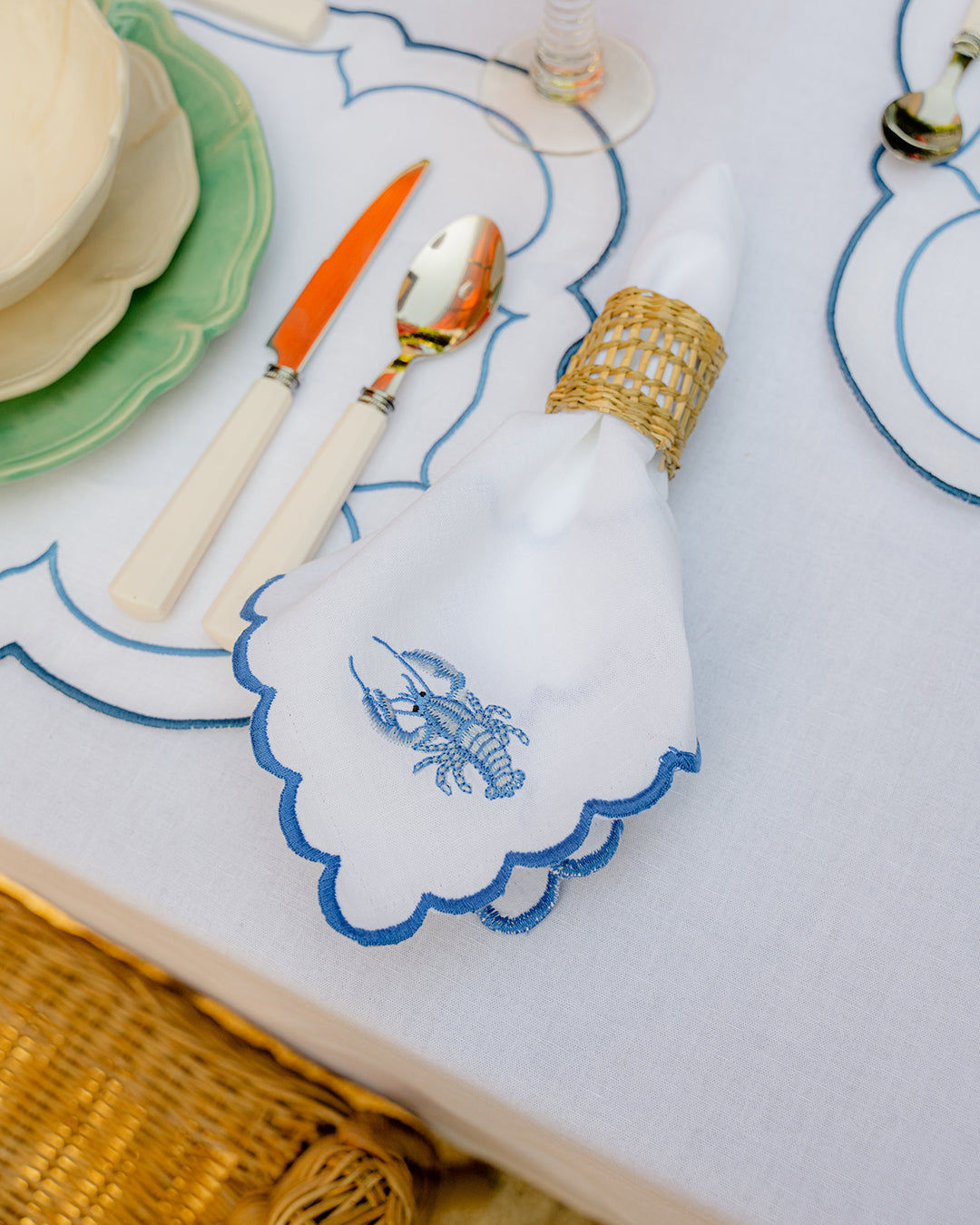 Blue Lobster Napkin with Picot Trim