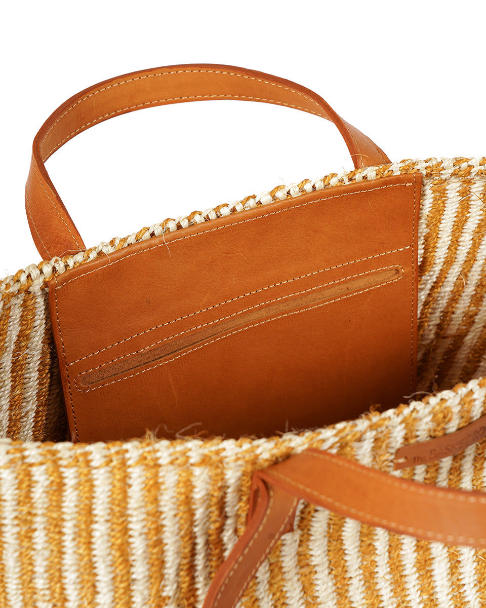 DHEHEBU: Gold and Natural Pinstripe Sisal Shopper