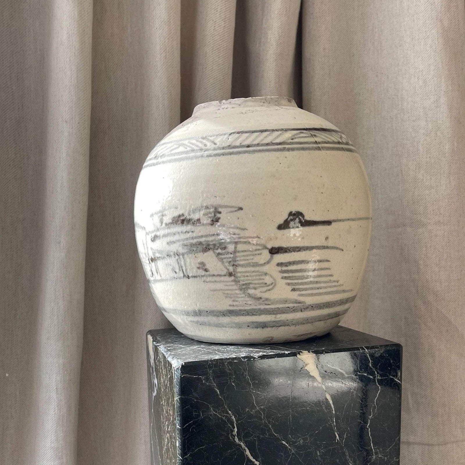 Round White Japanese Style Vase with Black Detailing