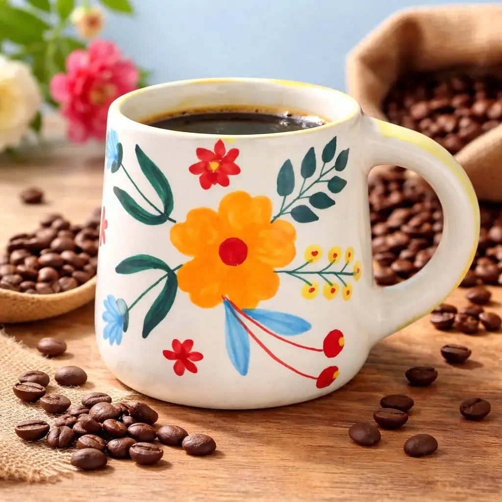Floral Extravaganza Hand-Painted Mug & Plate Set - Set of 2