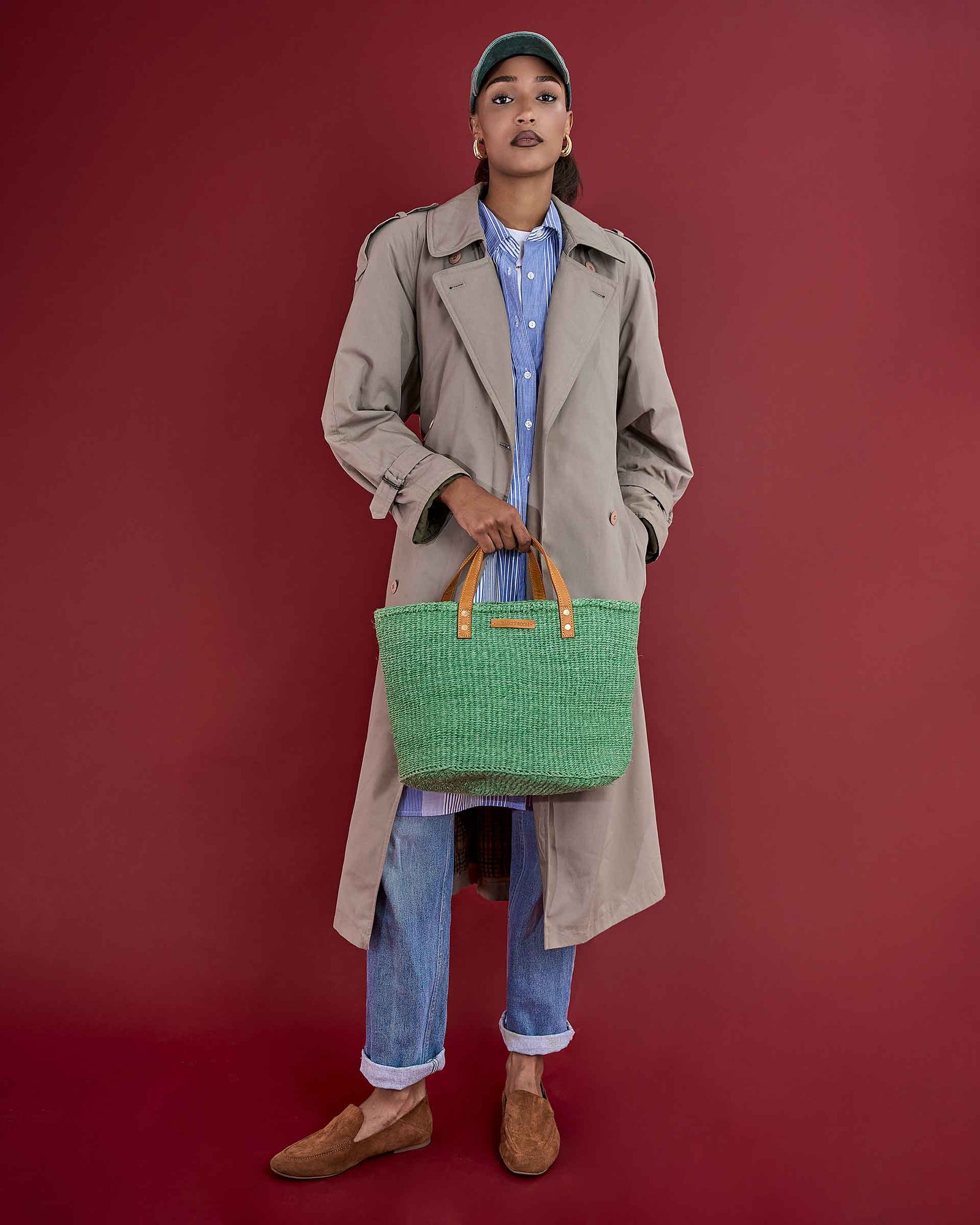 BARUA: Mint Green and Tan Leather Sisal Shopper