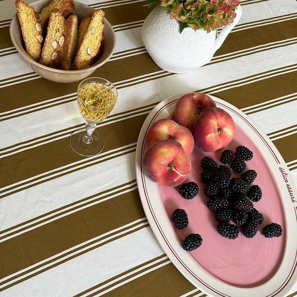 Murano Stripe Organic Ruffled Cotton Tablecloth - Bronzed Oak