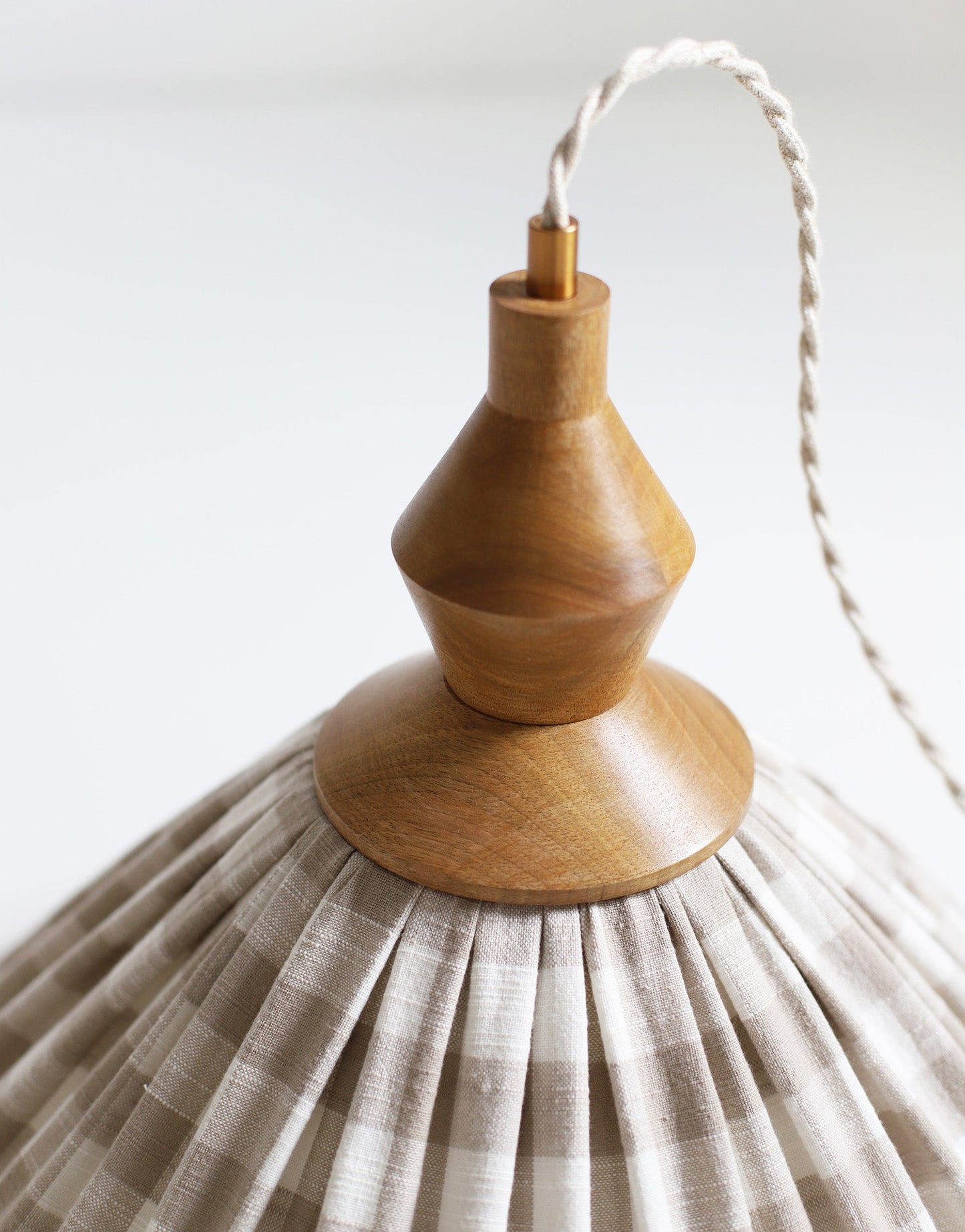 Olga Pleated Pendant Light in Beige Check Fabric with Turned Wood Finish
