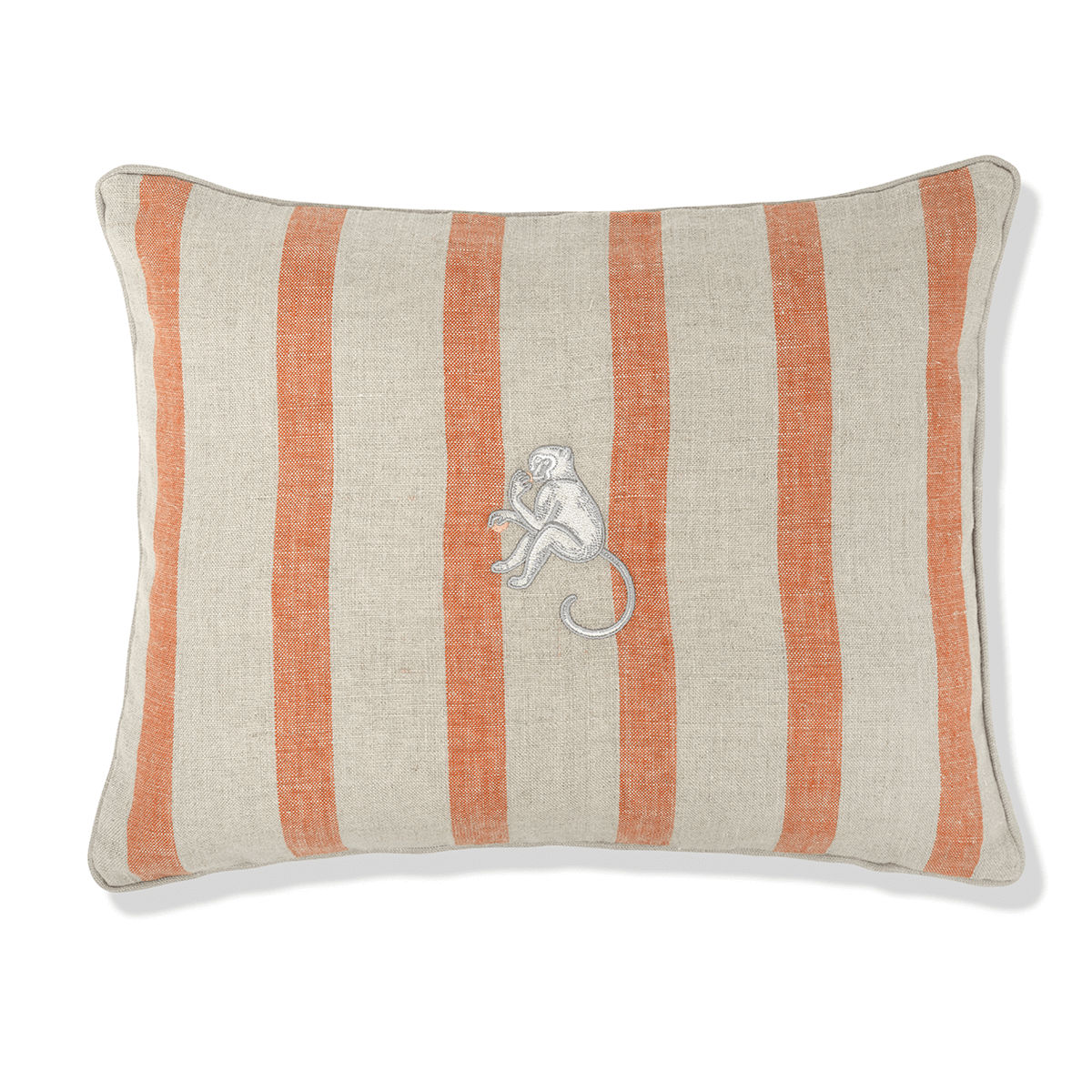 Bold Stripe Cushion in Terracotta with Dove Grey Trim and Monkey Embroidery