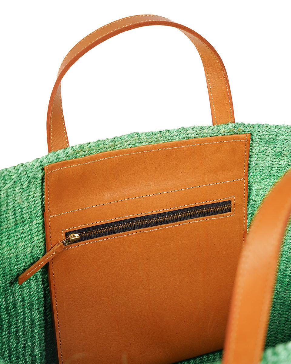 BARUA: Mint Green and Tan Leather Sisal Shopper