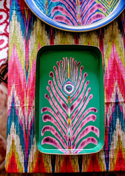 Les Ottomans x Matthew Williamson Hand-Painted Peacock Iron Tray - Green