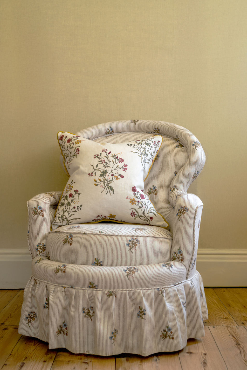 Flax & Field Flower Print Cushion in Scarlet with Ochre Piping