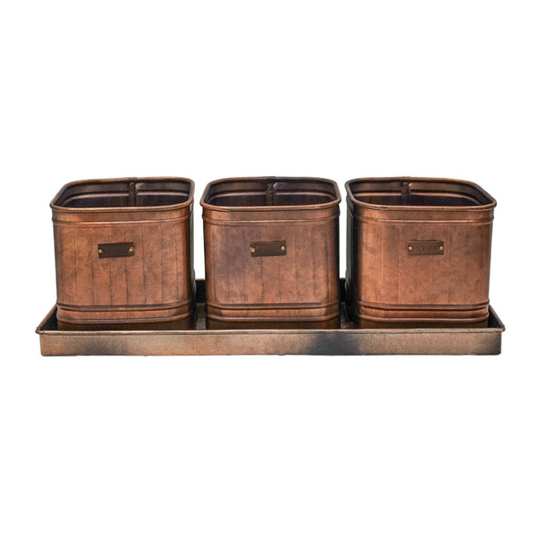 Outdoor Hampton Copper Set of 3 Herb Planters With Tray