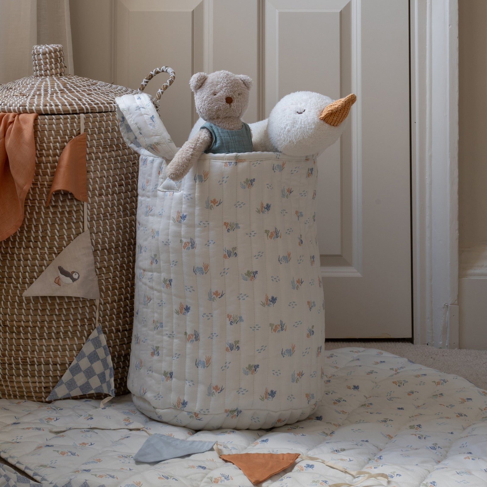 Large Quilted Storage Basket - Coastline / Waves