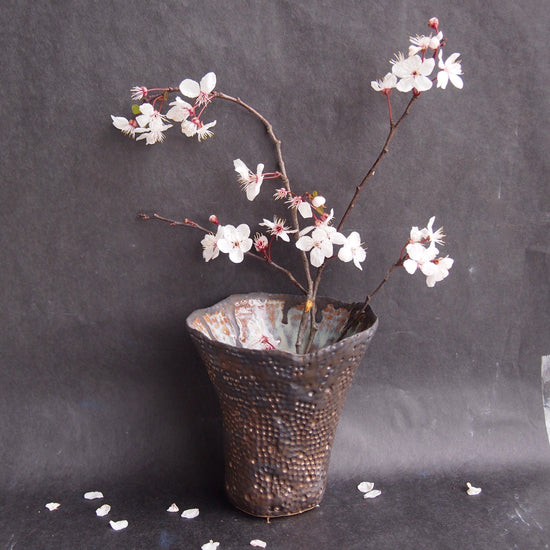Handmade Bronze Dot Ceramic Vase with Blue Brown Swirly Interior