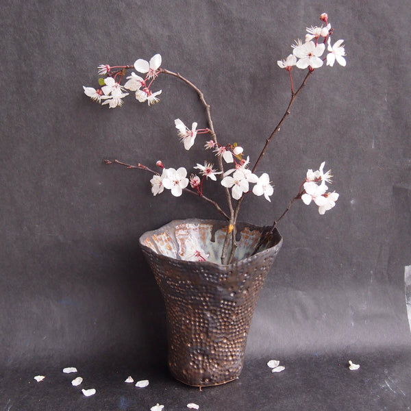Handmade Bronze Dot Ceramic Vase with Blue Brown Swirly Interior