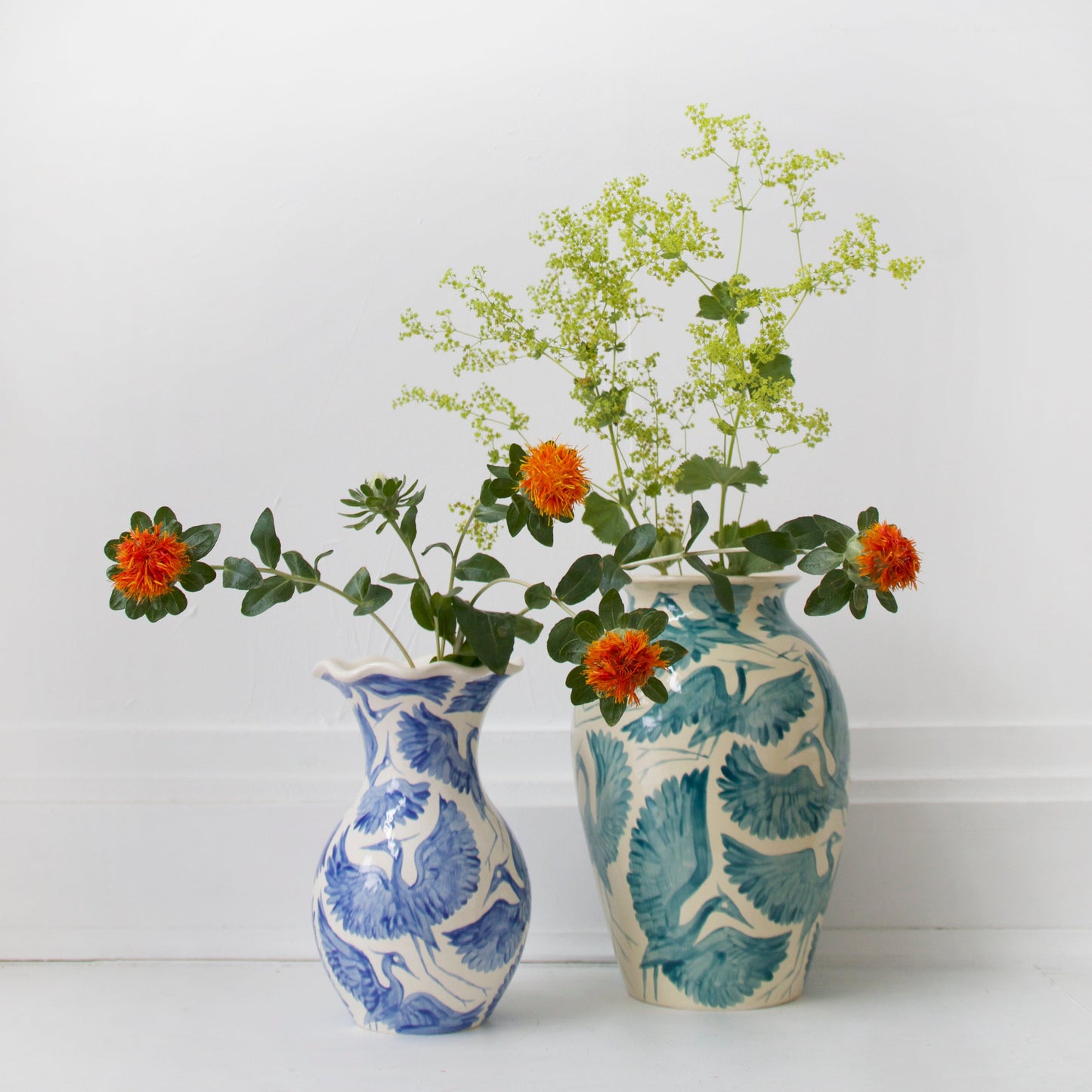 Herons Hand Painted Scalloped Vase - Blue