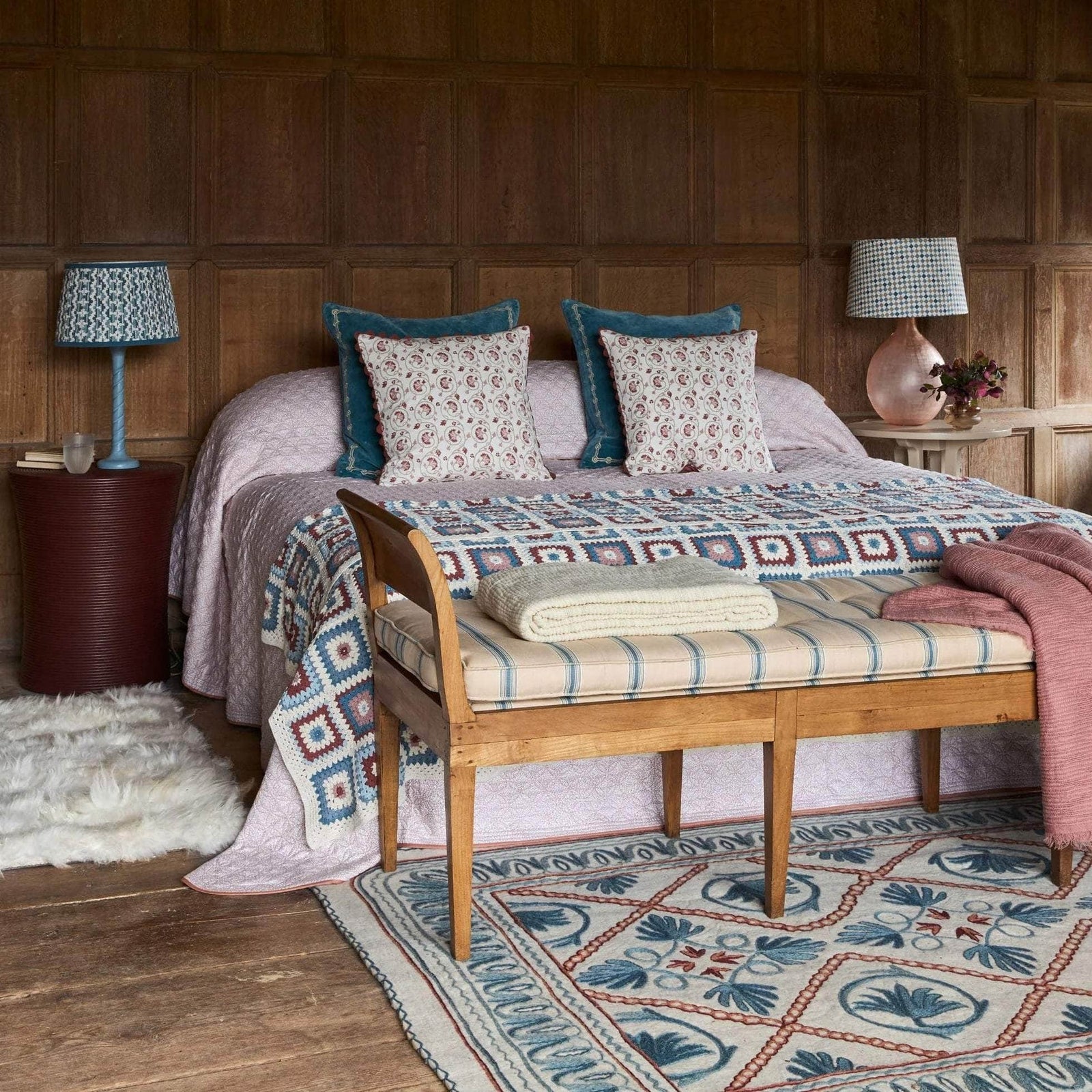 Namda Felt Embroidered Rug - Blue and Pink