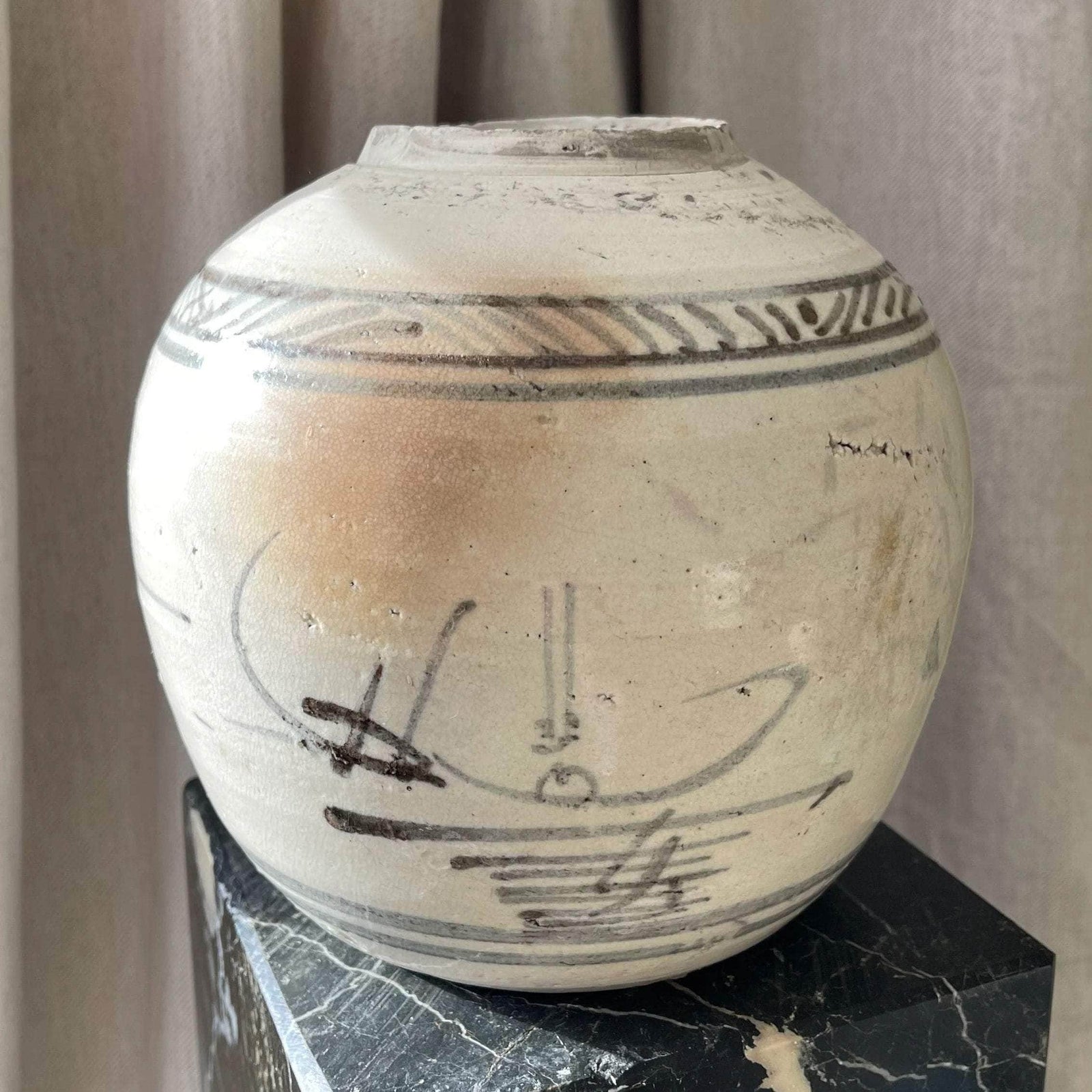 Round White Japanese Style Vase with Black Detailing