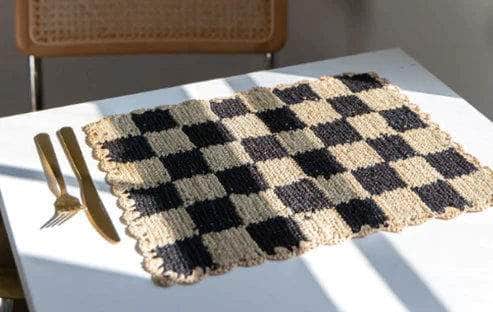 Black Checked Placemat, Rectangular Raffia Tabletop