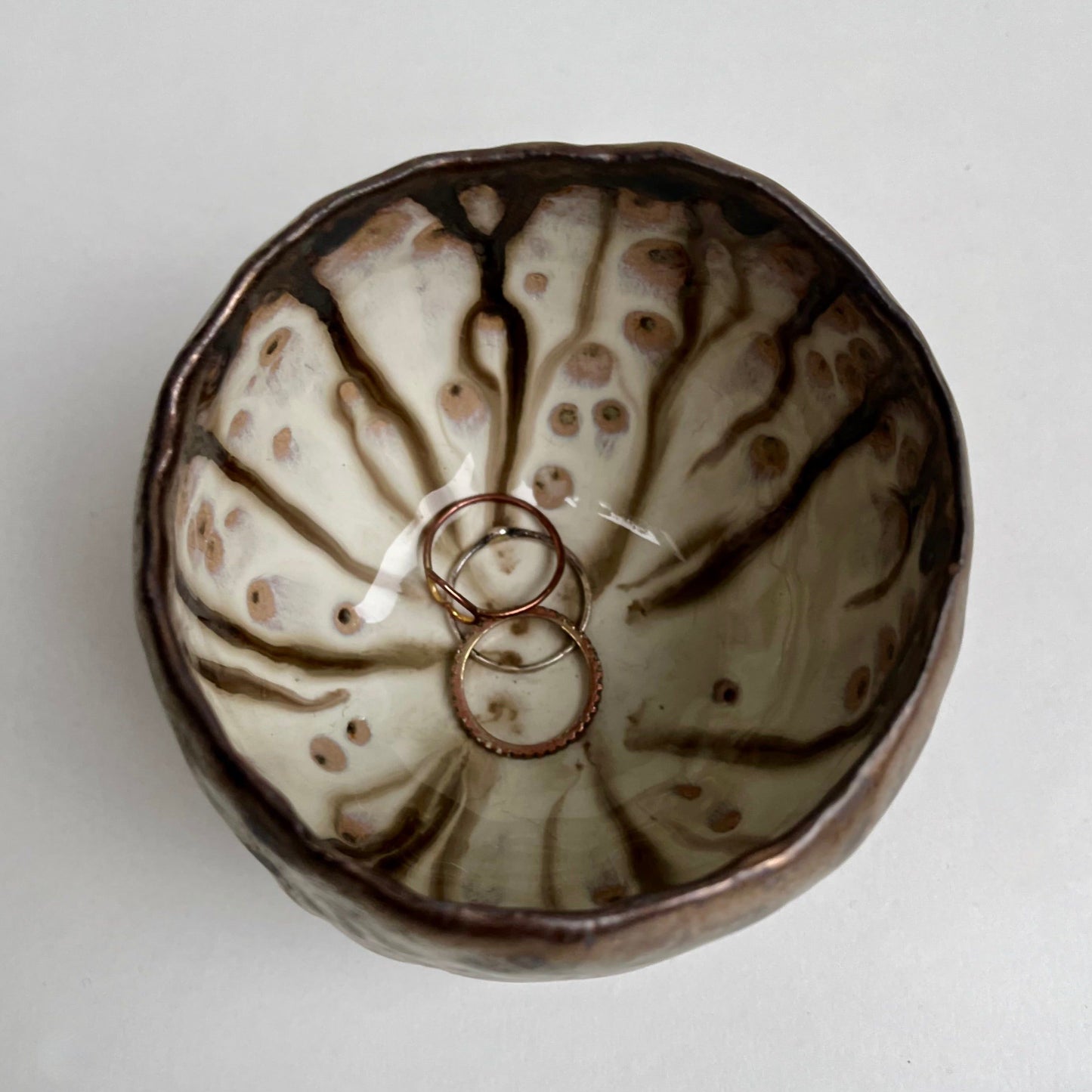 Handmade Gold Ceramic Ring Bowl with Swirly Dripped Glaze