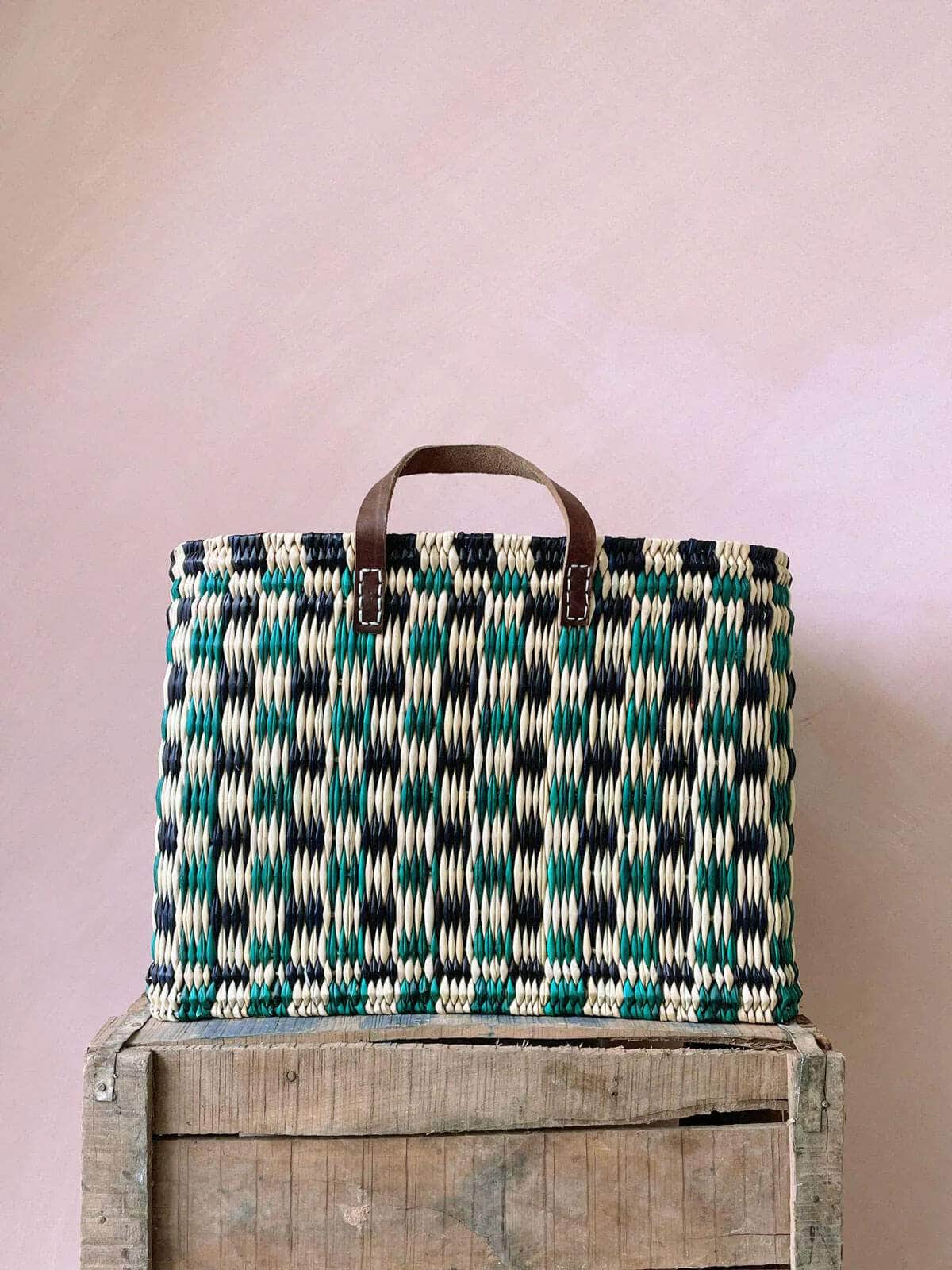 Chequered Reed Basket - Indigo + Green