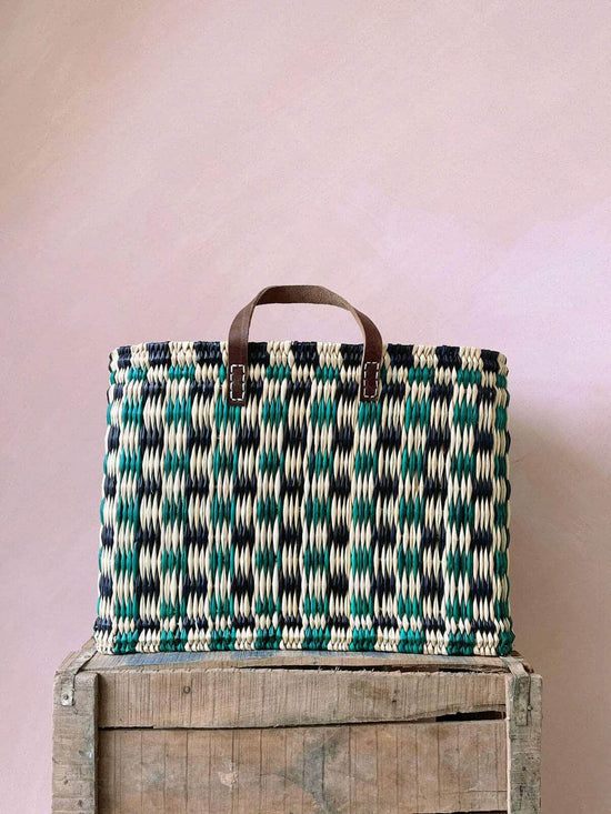 Chequered Reed Basket - Indigo + Green