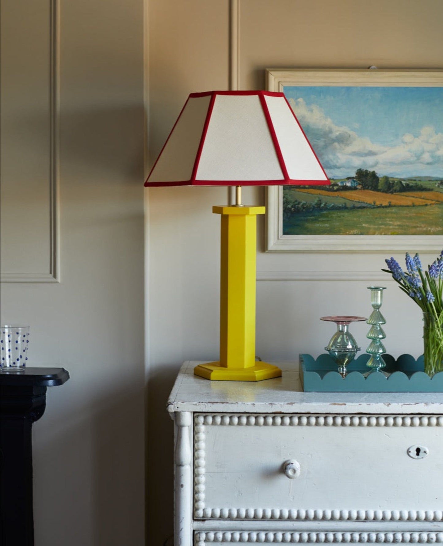 Hexagon Linen Lampshade, Red Trim - Medium (US)