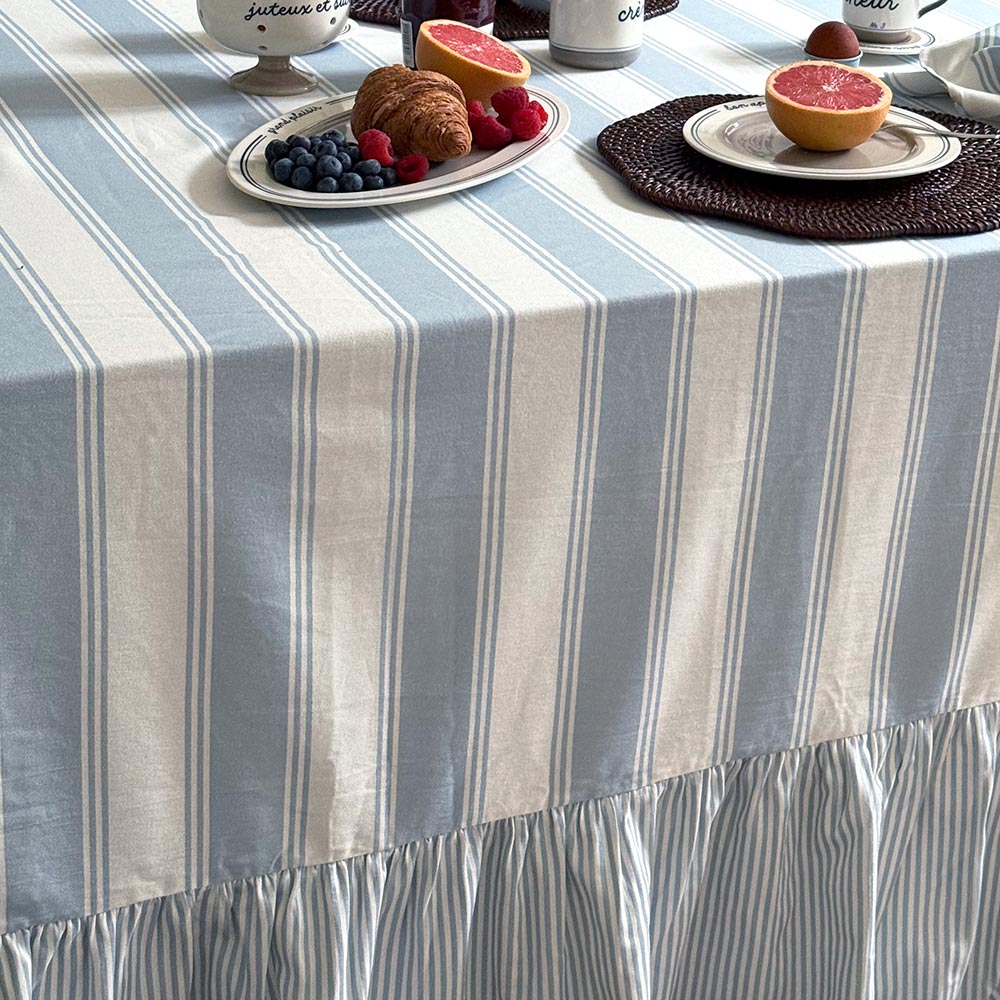 Murano Stripe Organic Ruffled Cotton Tablecloth - Azzure Drift