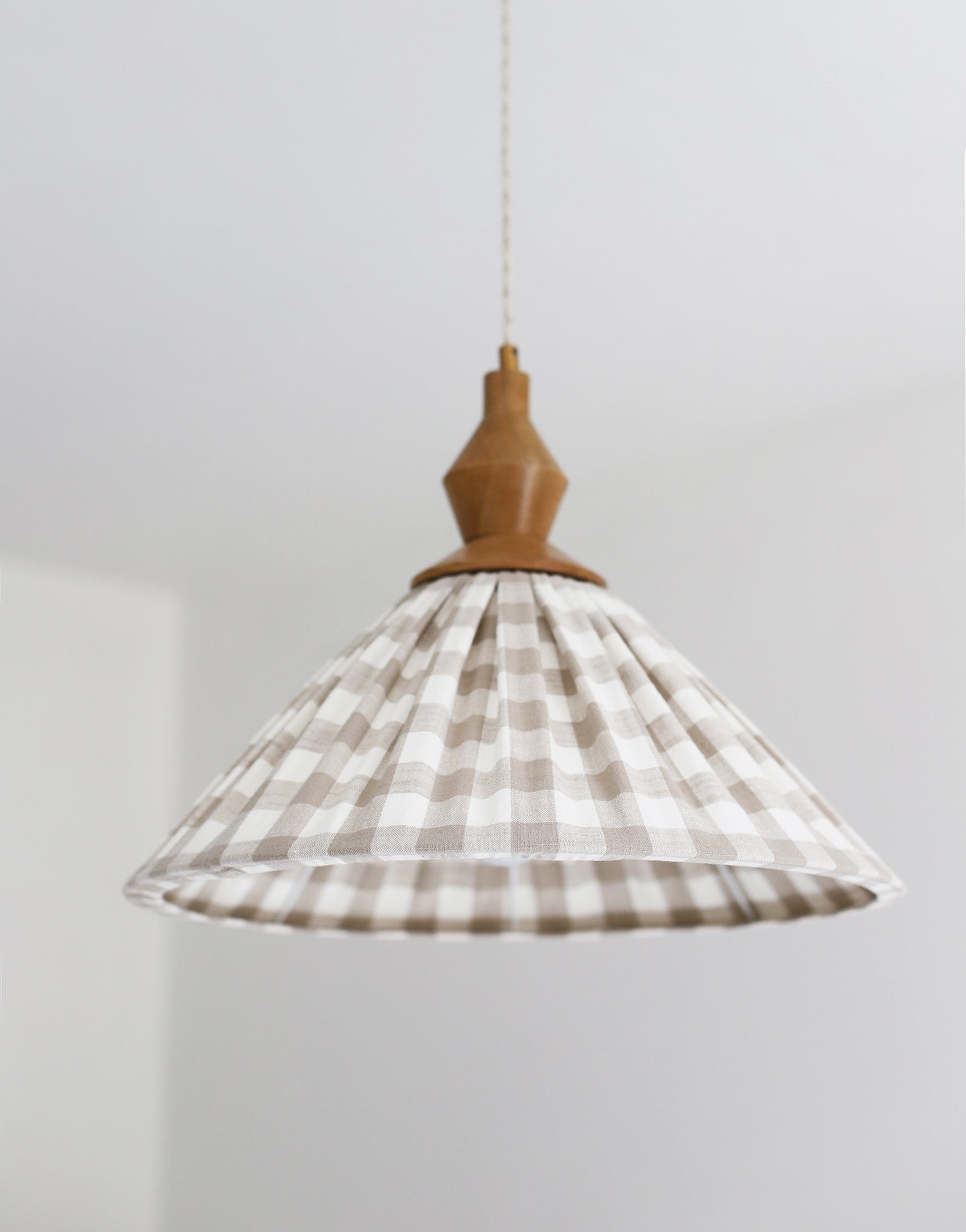 Olga Pleated Pendant Light in Beige Check Fabric with Turned Wood Finish