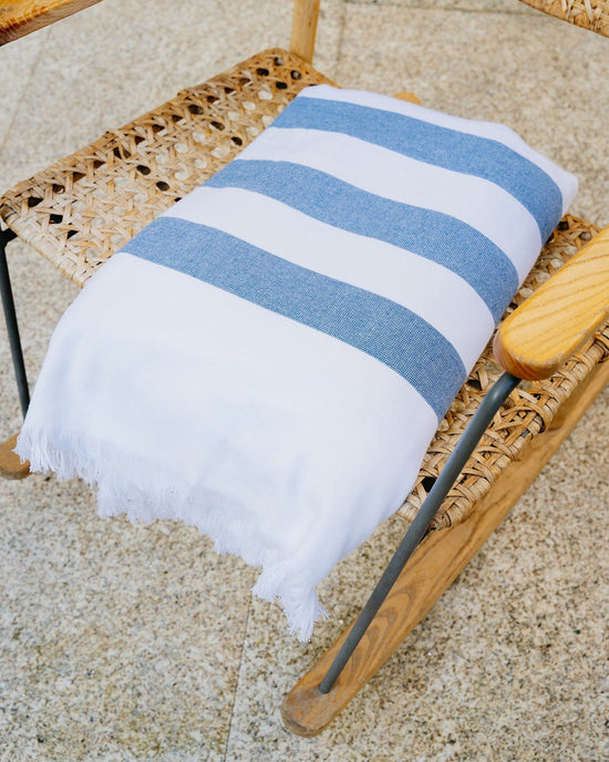 Striped Cotton Beach Towel with Frayed Edge - Blue