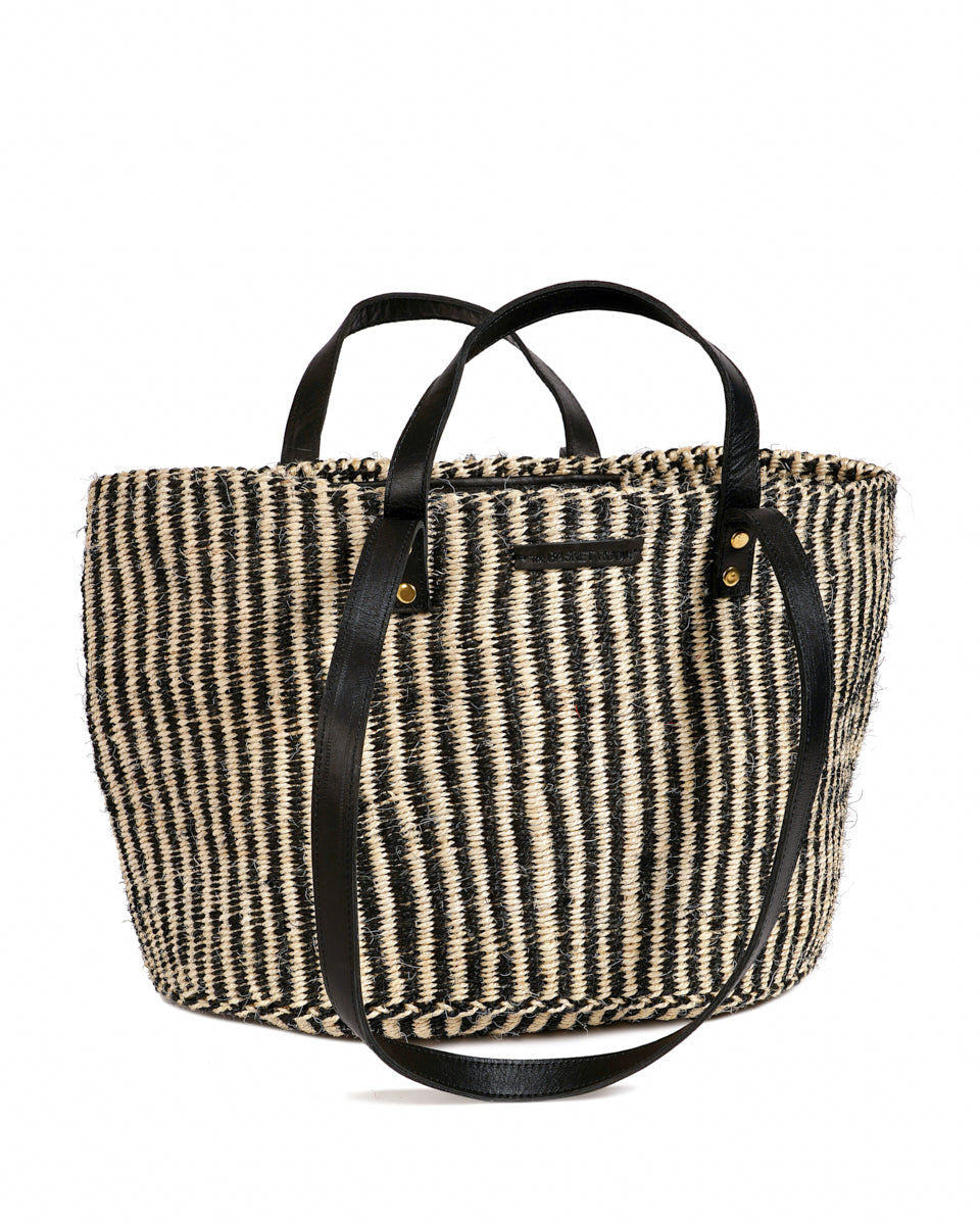 SALAMU: Black and Natural Pinstripe Sisal Shopper