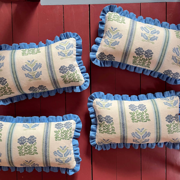 Folkloric Floral Print Cushion with Cornflower Blue Frill