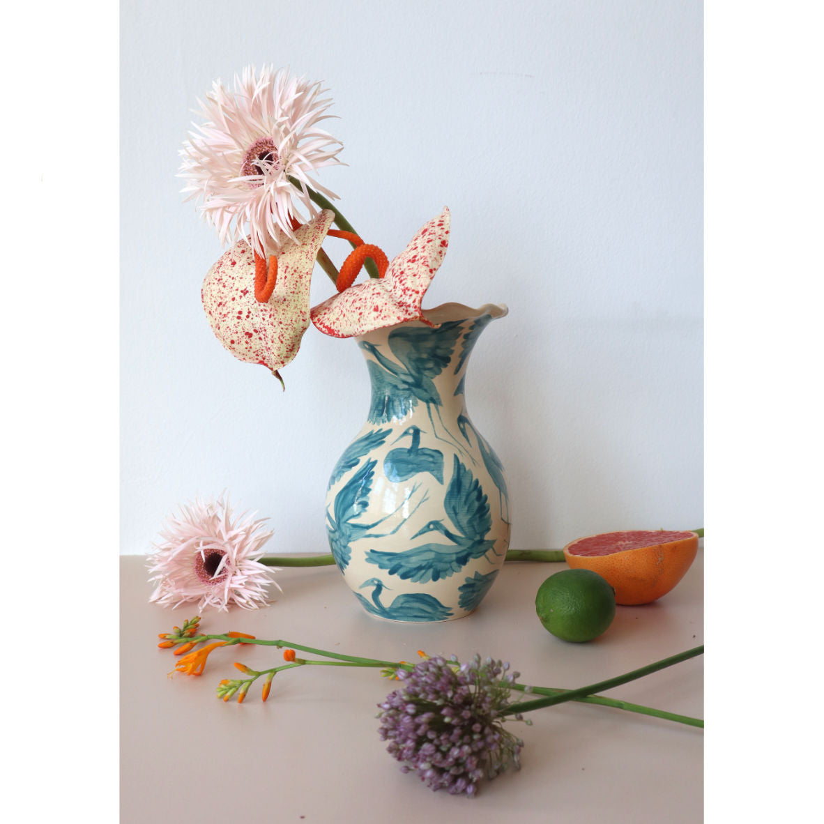 Herons Hand Painted Scalloped Vase - Teal