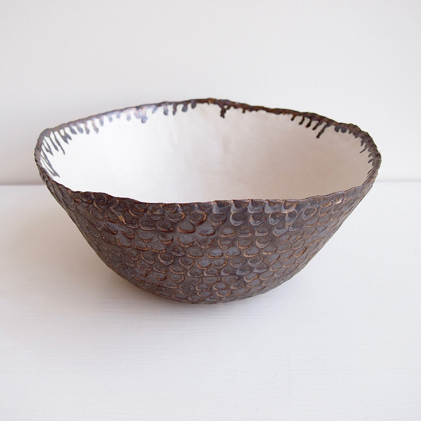Handmade Satin White and Black/Gold Textural Ceramic Fruit Bowl