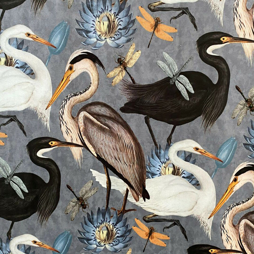 Bird Song Lampshade in Soft Grey With Gold Lining and Grey Fringing