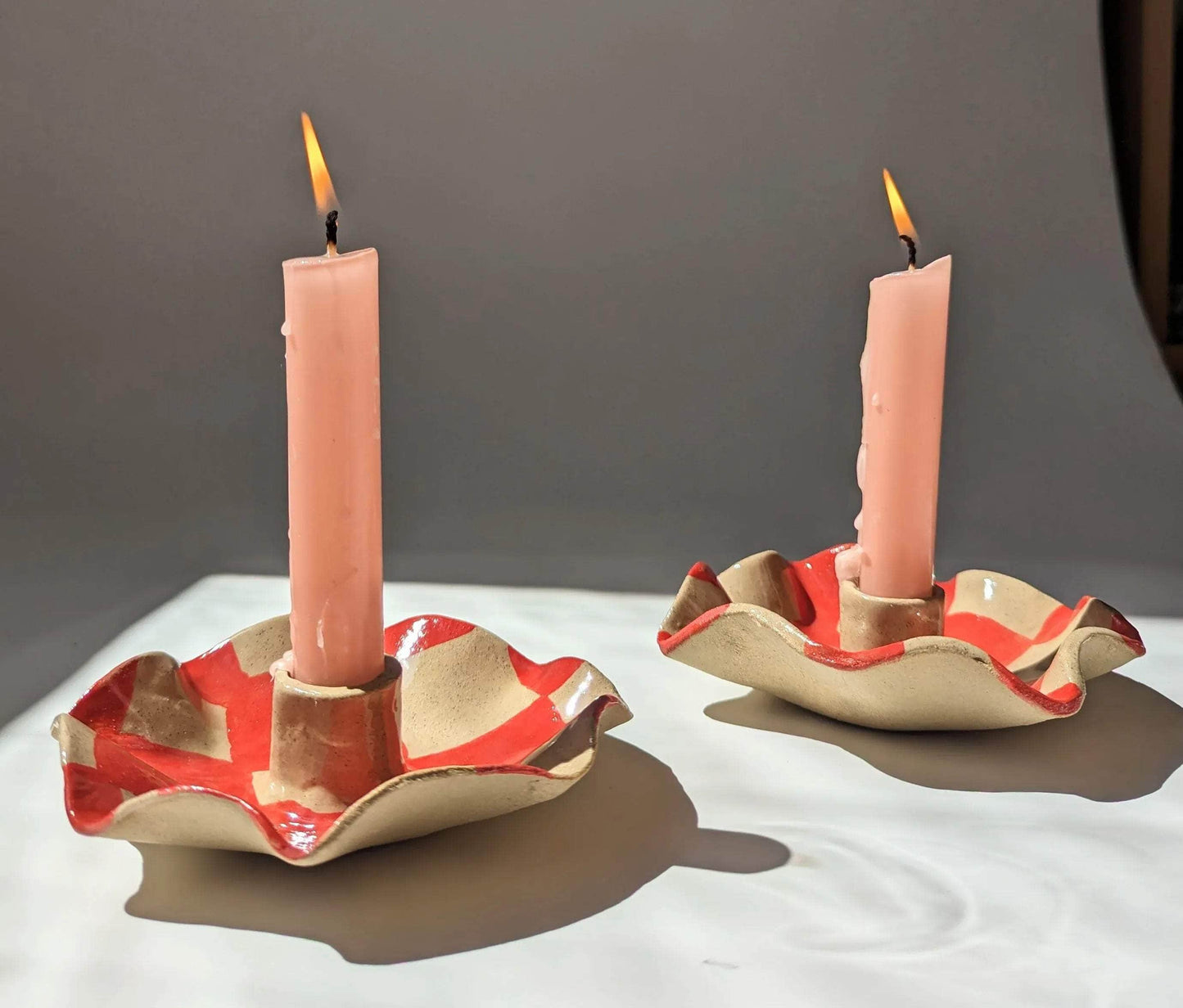 Red Check Scalloped Candle Holders