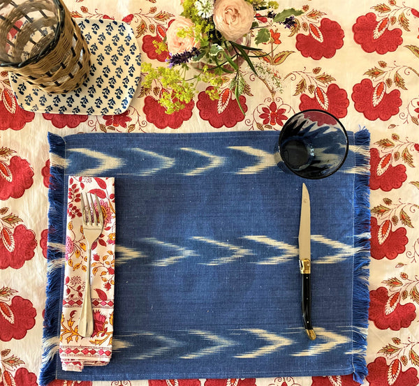 Fabric Placemat - Chambray With Three Ikat Chevron Stripes-