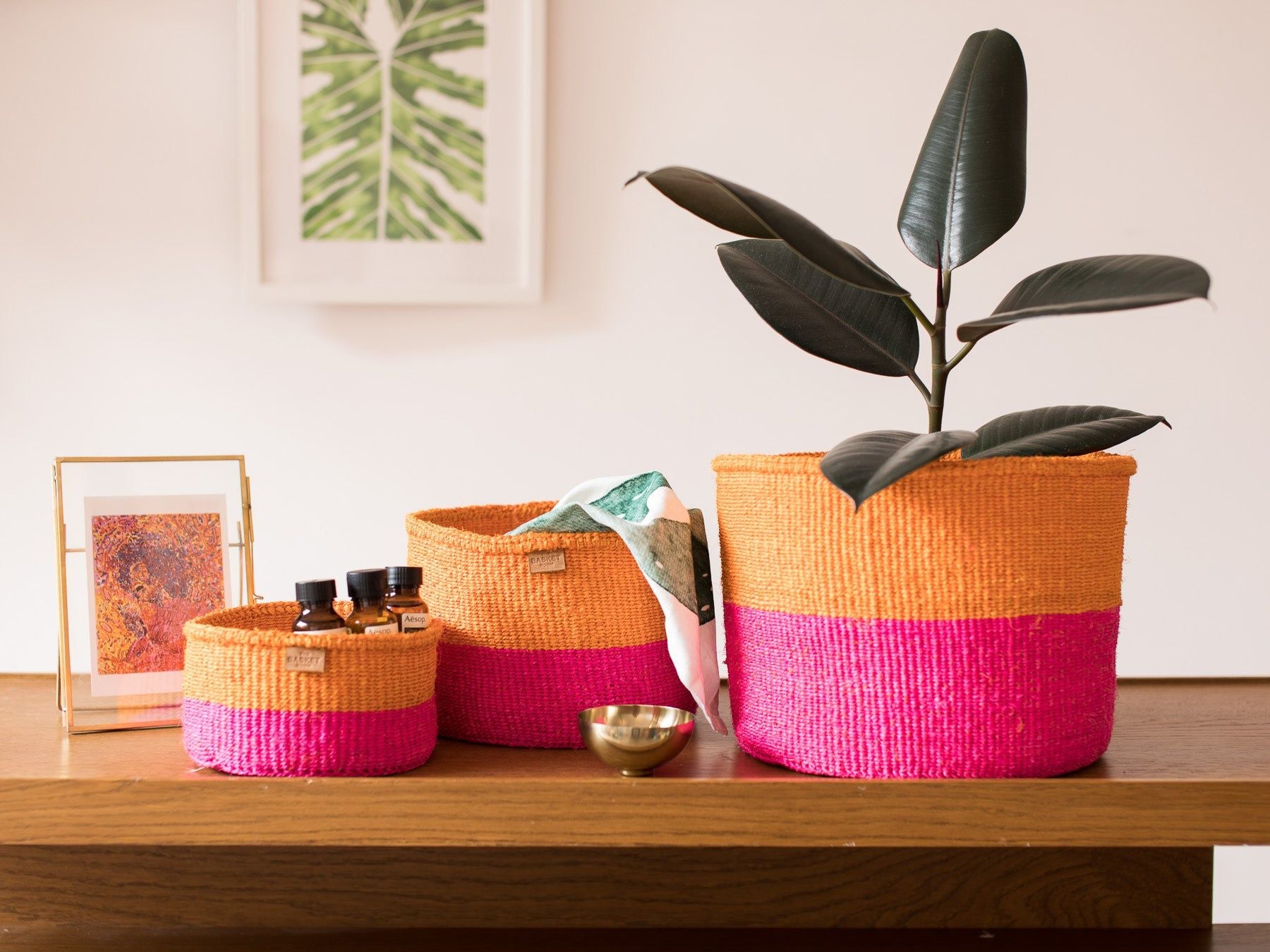 KALI: Orange & Neon Pink Duo Colour Block Woven Basket