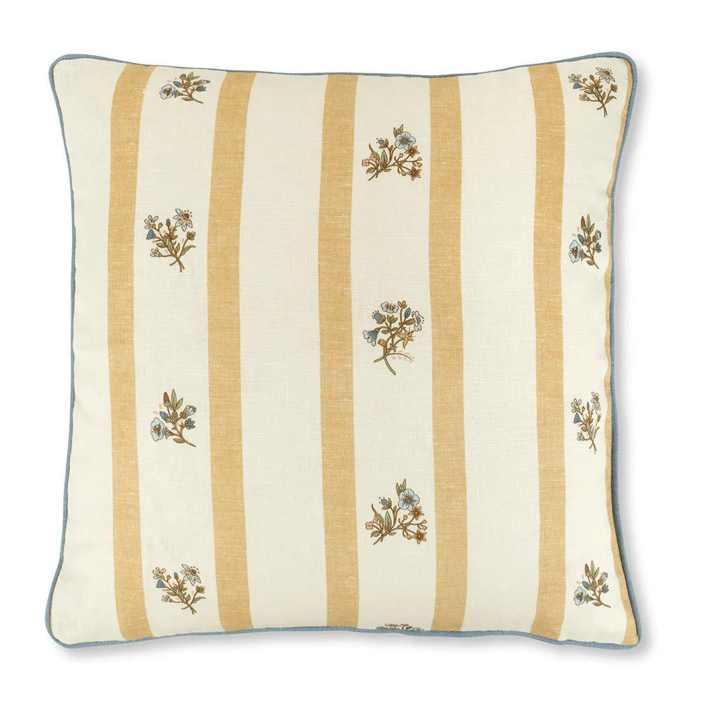 Flax & Field Posy Stripe Cushion in Ochre with Contrast Reverse and Chambray Blue Trim