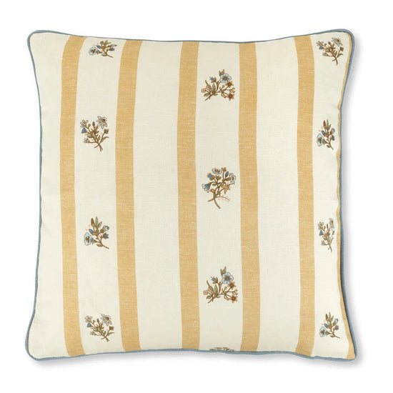 Flax & Field Posy Stripe Cushion in Ochre with Contrast Reverse and Chambray Blue Trim
