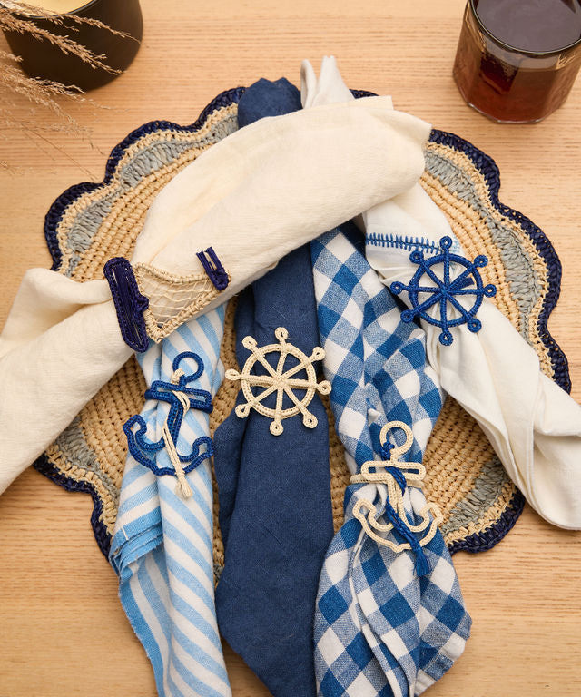 Nautical Anchor Napkin Rings – Coastal Table Decor, Handmade Raffia Napkin Holders, Set of 4 Blue and White Anchor Rings