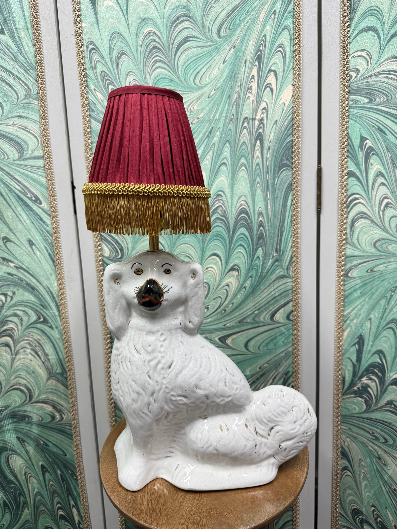Classic Staffordshire Dog Lamp with Red Silk Shade