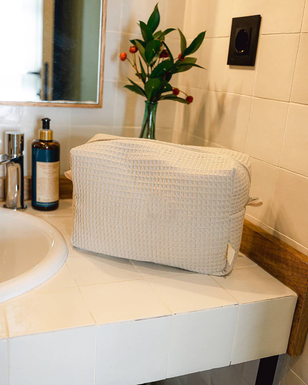 Beige Waffle-Cotton Toiletry Bag