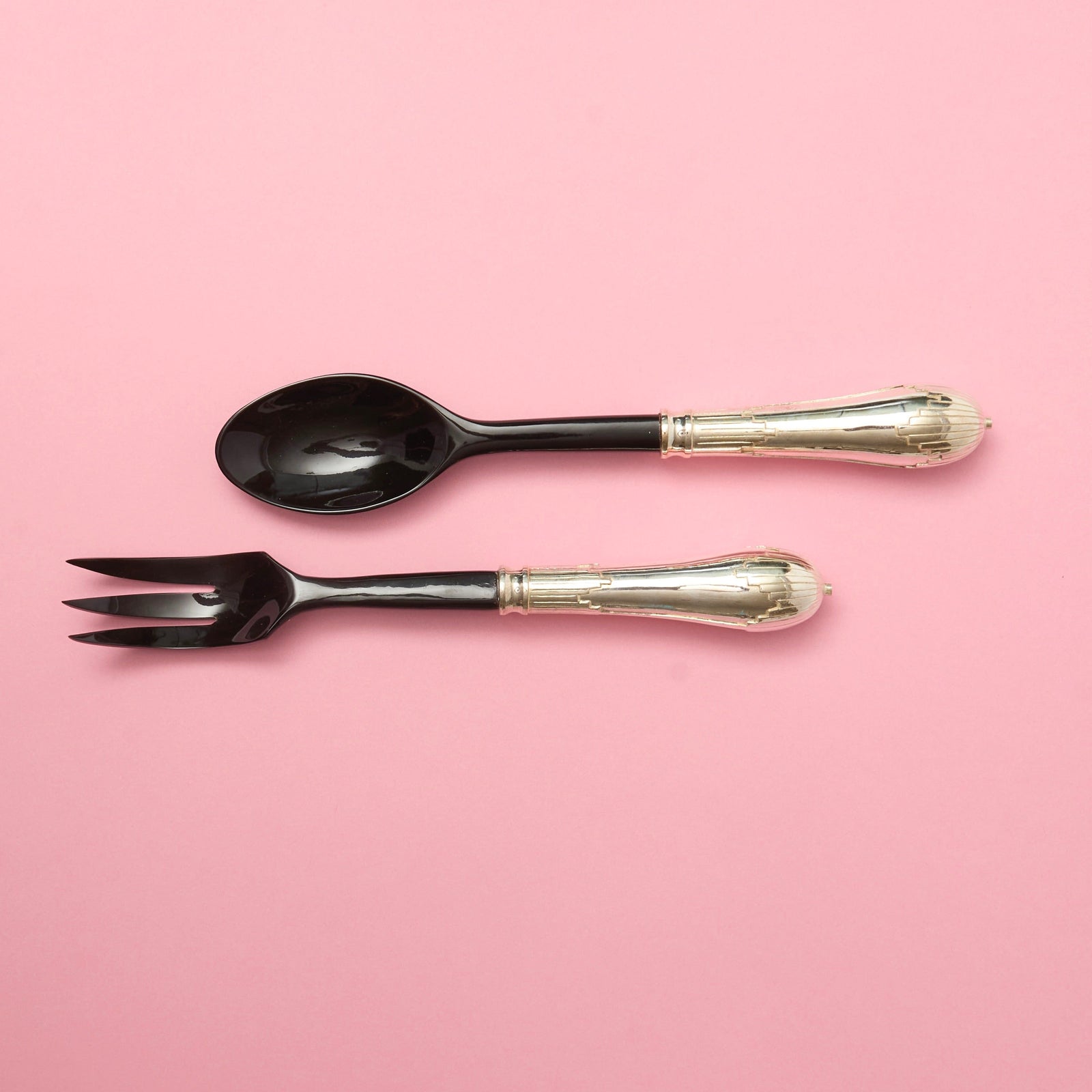 Black Lacquer And Silvered Salad Servers Flatware Sets