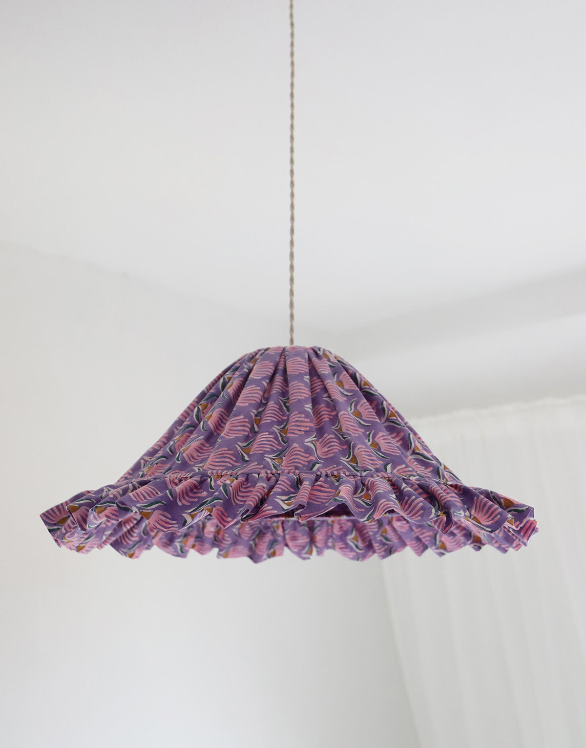 Conical Pendant Light with Emilia Ruffle “Purple Shell Flowers”