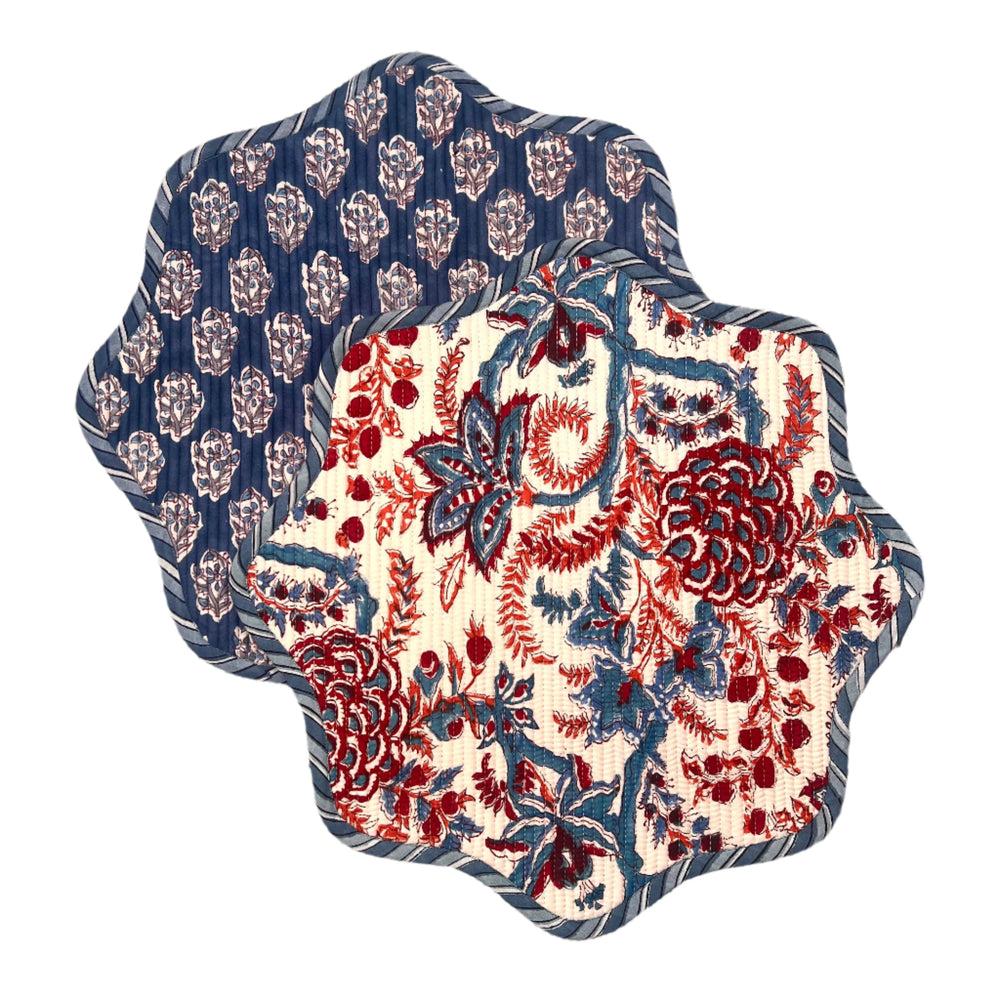 Quilted Scalloped Placemat - Blue & Red (Set of 2)