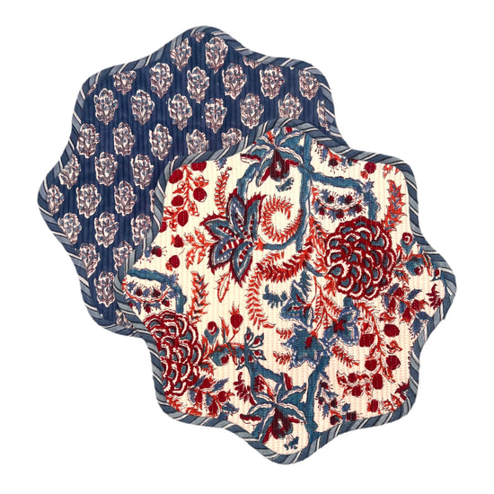 Quilted Scalloped Placemat - Blue & Red (Set of 2)