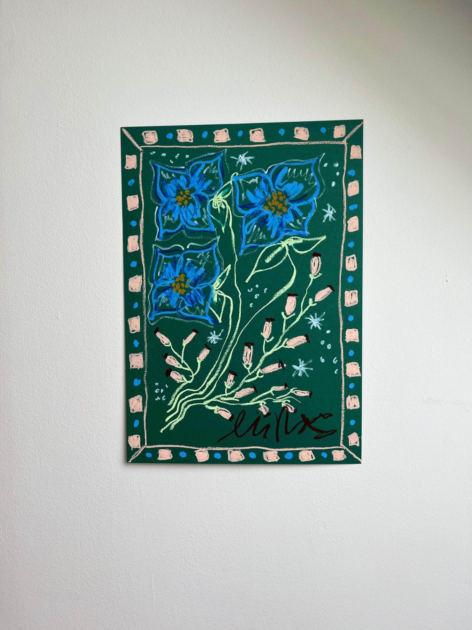 Blue Florals on Dark Green Background I Original Painting A3