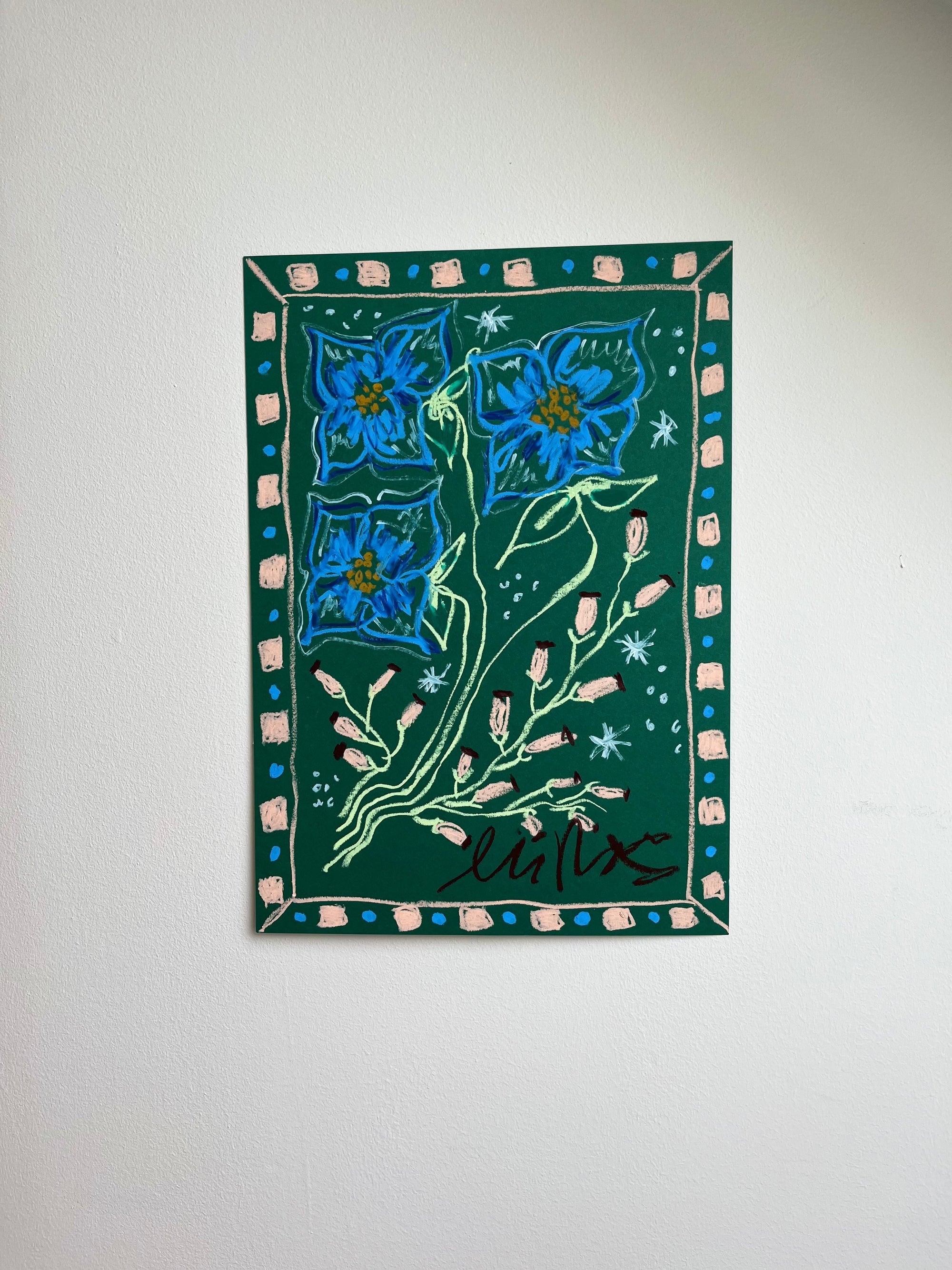 Blue Florals on Dark Green Background I Original Painting A3