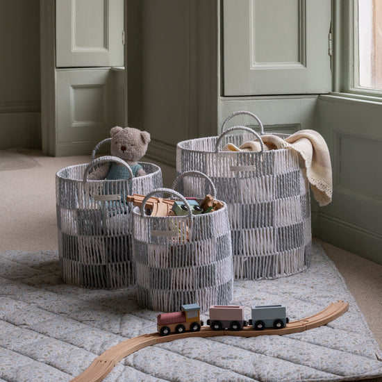 Checkerboard Storage Basket Set of 3 - Powder Blue