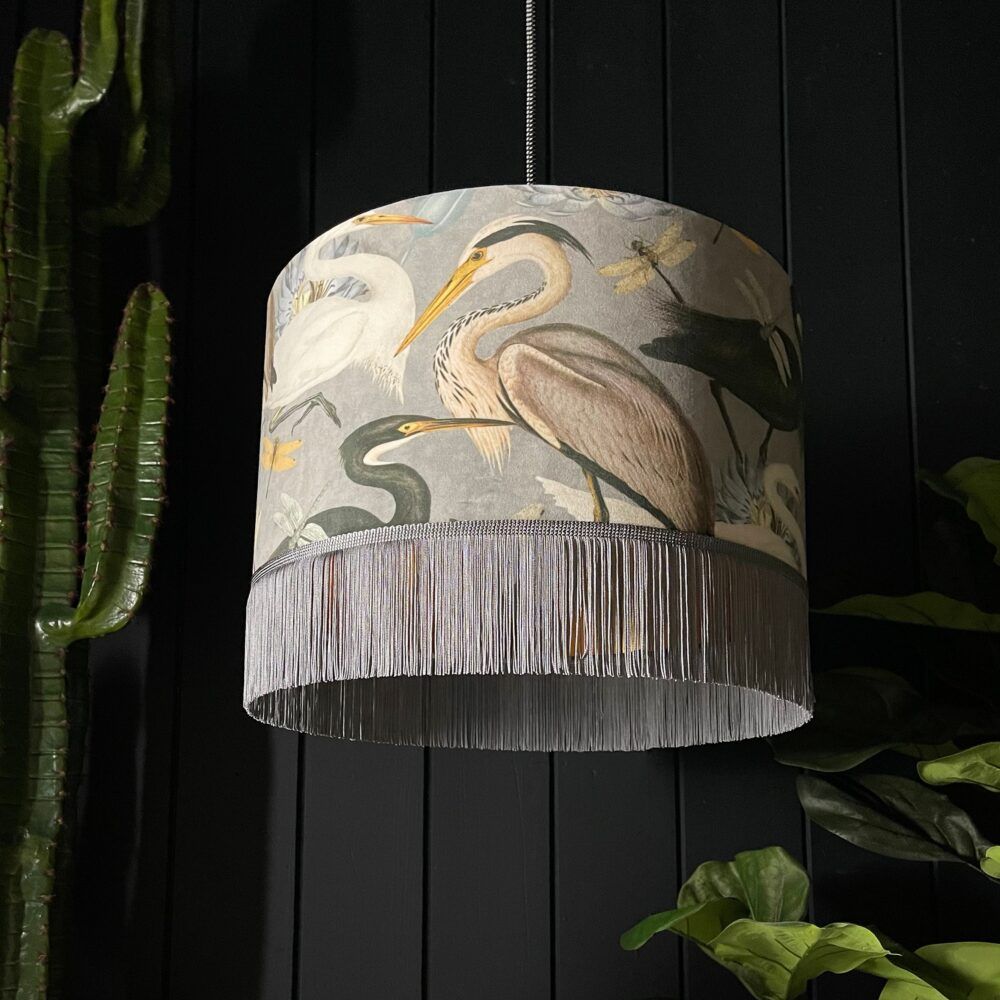 Bird Song Lampshade in Soft Grey With Gold Lining and Grey Fringing