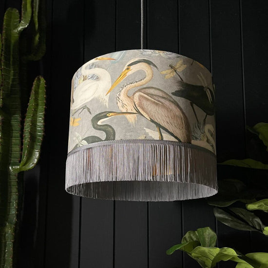 Bird Song Lampshade in Soft Grey With Gold Lining and Grey Fringing