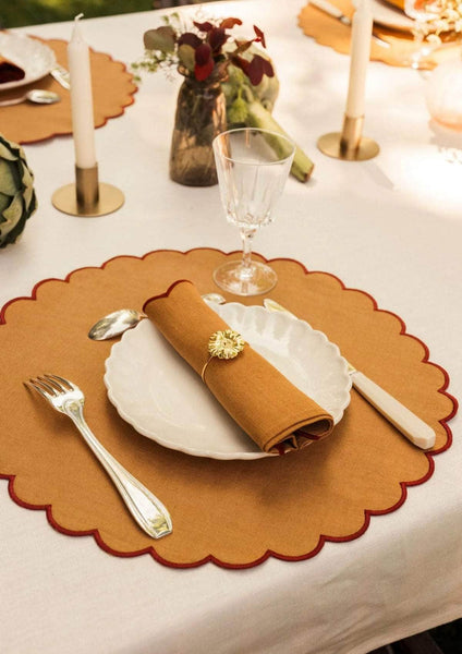 The Yellow and Red Ochre Linen Scalloped Round Placemats (Set of 2)