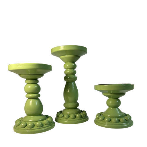 Pair of Light Green Bobbin Candle Holders (Medium)